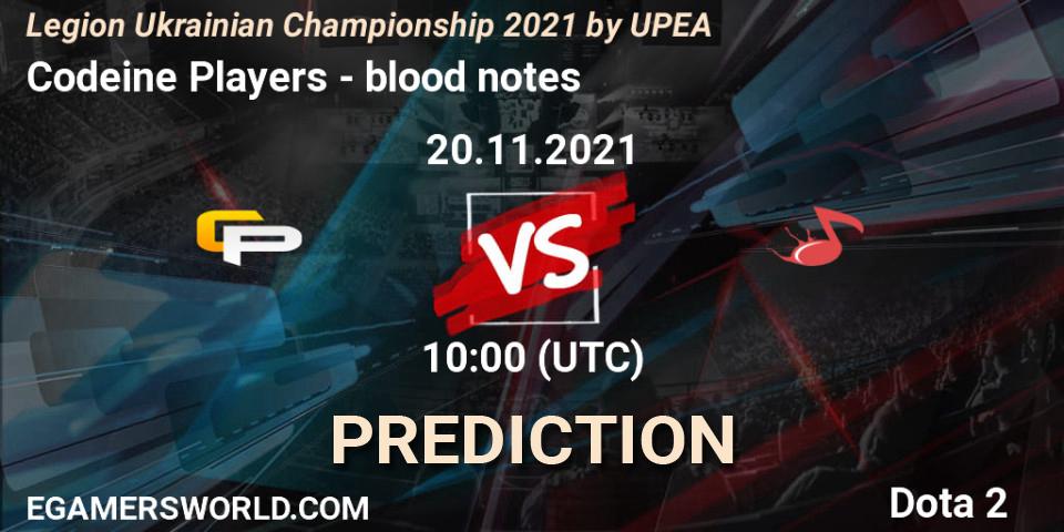 Codeine Players vs blood notes: Match Prediction. 20.11.2021 at 10:05, Dota 2, Legion Ukrainian Championship 2021 by UPEA