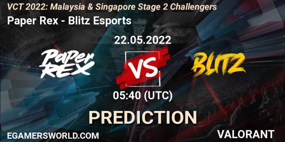 Paper Rex vs Blitz Esports: Match Prediction. 22.05.2022 at 05:40, VALORANT, VCT 2022: Malaysia & Singapore Stage 2 Challengers