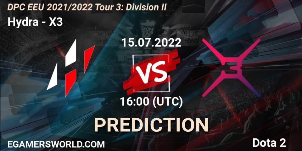 Hydra vs X3: Match Prediction. 15.07.2022 at 16:01, Dota 2, DPC EEU 2021/2022 Tour 3: Division II