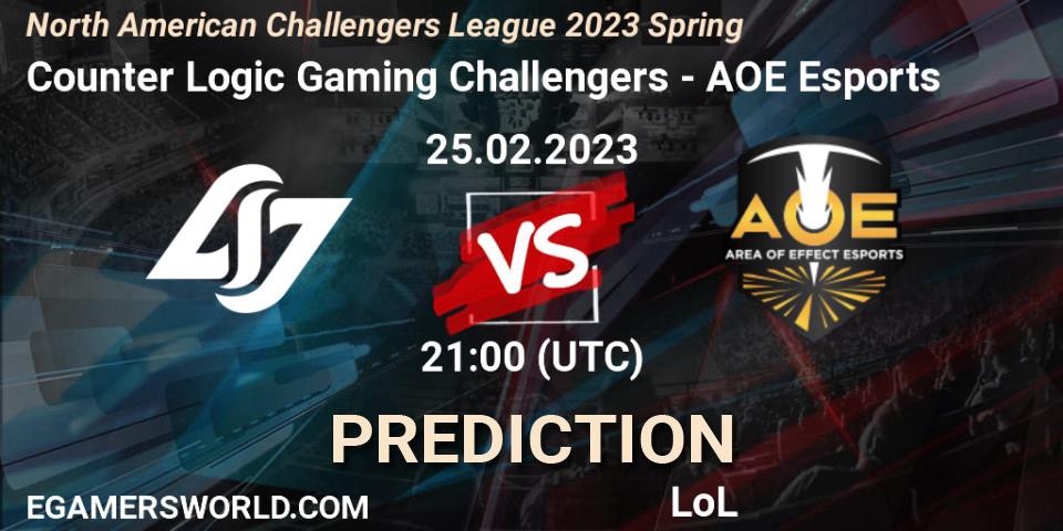 Counter Logic Gaming Challengers vs AOE Esports: Match Prediction. 25.02.2023 at 21:00, LoL, NACL 2023 Spring - Group Stage