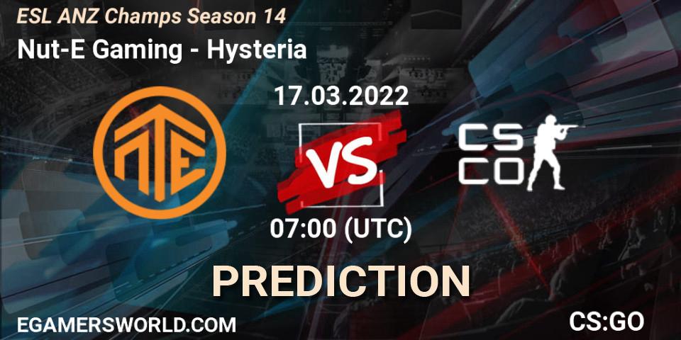 Nut-E Gaming vs Hysteria: Match Prediction. 17.03.2022 at 07:00, Counter-Strike (CS2), ESL ANZ Champs Season 14