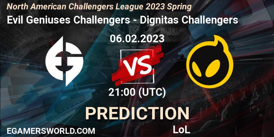Evil Geniuses Challengers vs Dignitas Challengers: Match Prediction. 06.02.23, LoL, NACL 2023 Spring - Group Stage