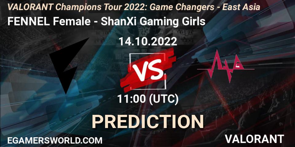 FENNEL Female vs ShanXi Gaming Girls: Match Prediction. 14.10.2022 at 12:30, VALORANT, VCT 2022: Game Changers - East Asia