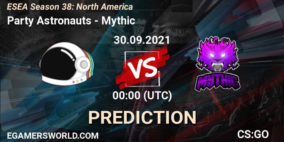 Party Astronauts vs Mythic: Match Prediction. 30.09.2021 at 00:00, Counter-Strike (CS2), ESEA Season 38: North America 