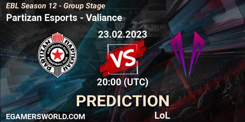 Partizan Esports vs Valiance: Match Prediction. 23.02.23, LoL, EBL Season 12 - Group Stage