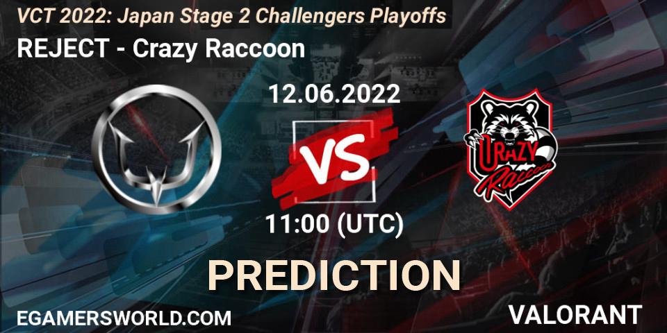 REJECT vs Crazy Raccoon: Match Prediction. 12.06.2022 at 11:00, VALORANT, VCT 2022: Japan Stage 2 Challengers Playoffs
