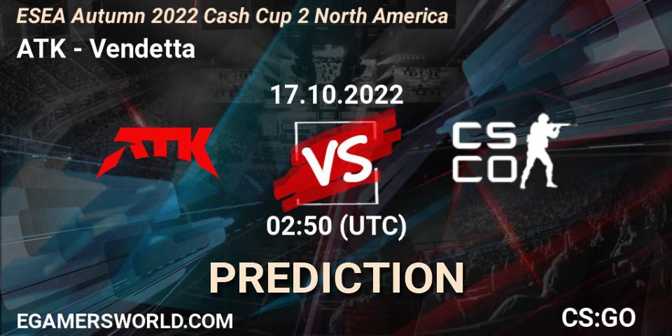 ATK vs Vendetta: Match Prediction. 17.10.22, CS2 (CS:GO), ESEA Autumn 2022 Cash Cup 2 North America