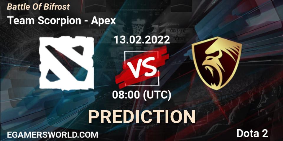 Team Scorpion vs Apex: Match Prediction. 13.02.2022 at 07:58, Dota 2, Battle Of Bifrost