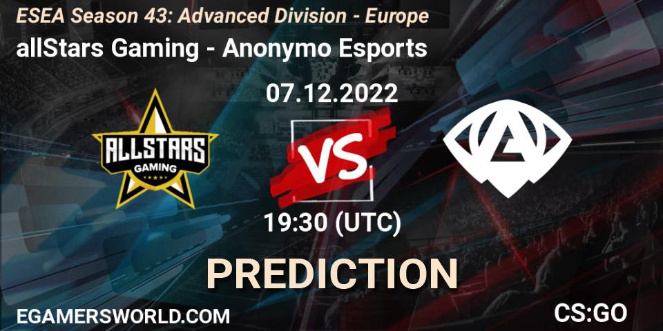 allStars Gaming vs Anonymo Esports: Match Prediction. 07.12.22, CS2 (CS:GO), ESEA Season 43: Advanced Division - Europe