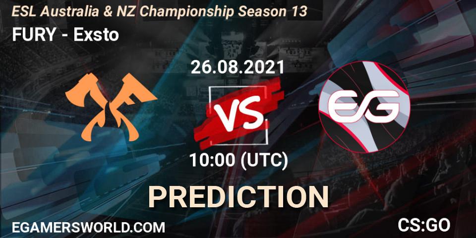 FURY vs Exsto: Match Prediction. 26.08.21, CS2 (CS:GO), ESL Australia & NZ Championship Season 13