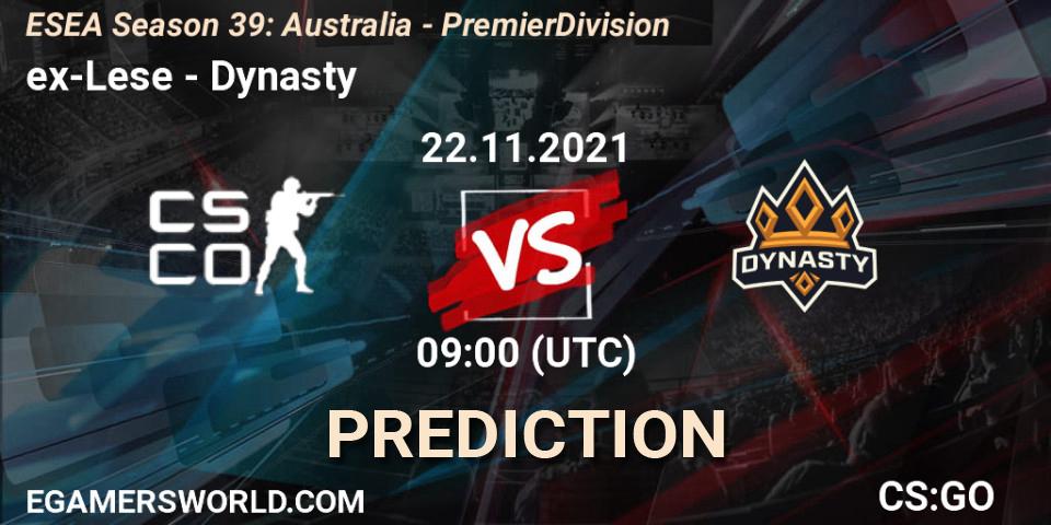 ex-Lese vs Dynasty: Match Prediction. 22.11.2021 at 09:00, Counter-Strike (CS2), ESEA Season 39: Australia - Premier Division