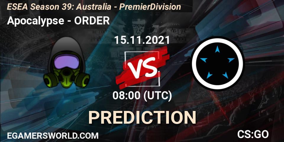 Apocalypse vs ORDER: Match Prediction. 15.11.2021 at 08:00, Counter-Strike (CS2), ESEA Season 39: Australia - Premier Division