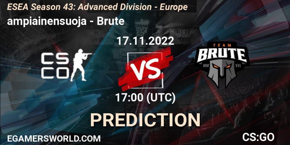 ampiainensuoja vs Brute: Match Prediction. 17.11.2022 at 17:00, Counter-Strike (CS2), ESEA Season 43: Advanced Division - Europe