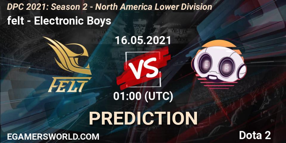 felt vs Electronic Boys: Match Prediction. 16.05.2021 at 01:04, Dota 2, DPC 2021: Season 2 - North America Lower Division