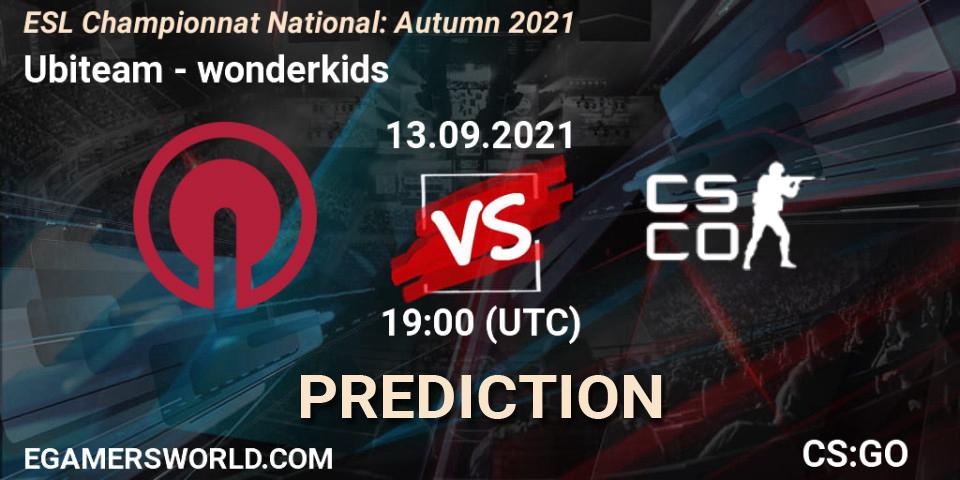 Ubiteam vs wonderkids: Match Prediction. 13.09.2021 at 16:00, Counter-Strike (CS2), ESL Championnat National: Autumn 2021
