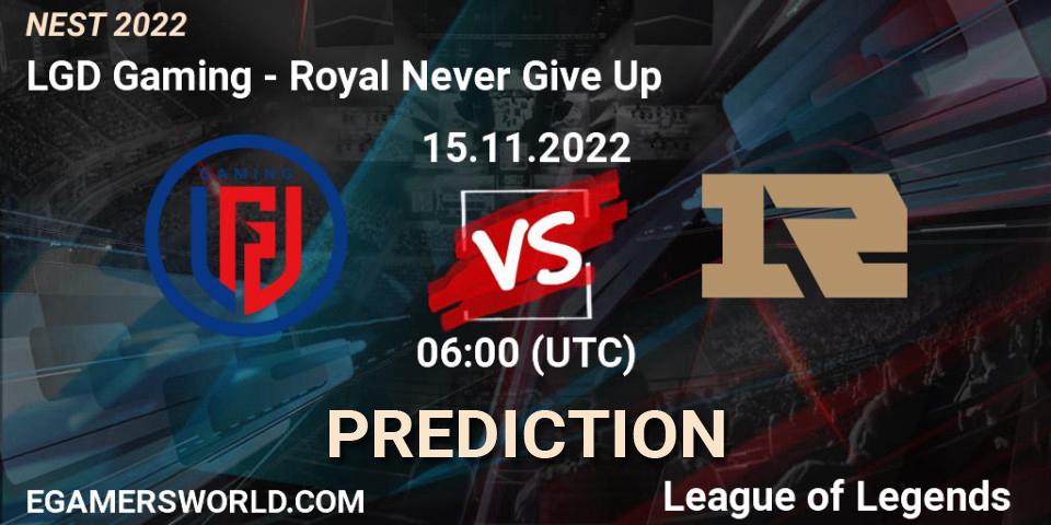 LGD Gaming vs Royal Never Give Up: Match Prediction. 15.11.2022 at 06:00, LoL, NEST 2022