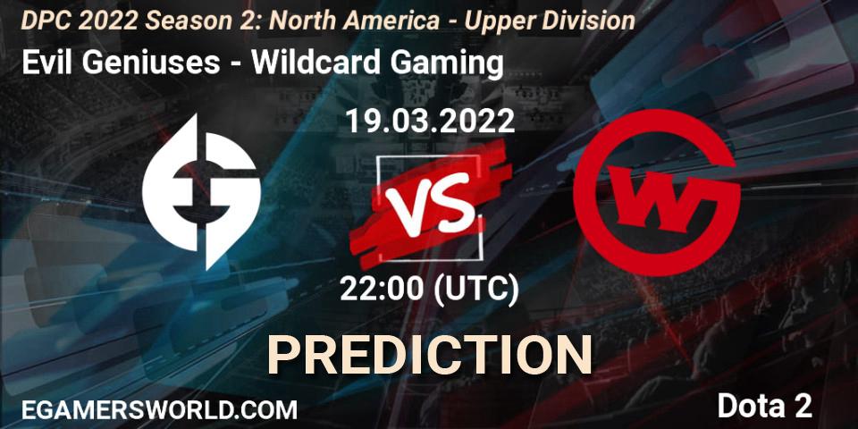 Evil Geniuses vs Wildcard Gaming: Match Prediction. 19.03.2022 at 22:56, Dota 2, DPC 2021/2022 Tour 2 (Season 2): NA Division I (Upper) - ESL One Spring 2022