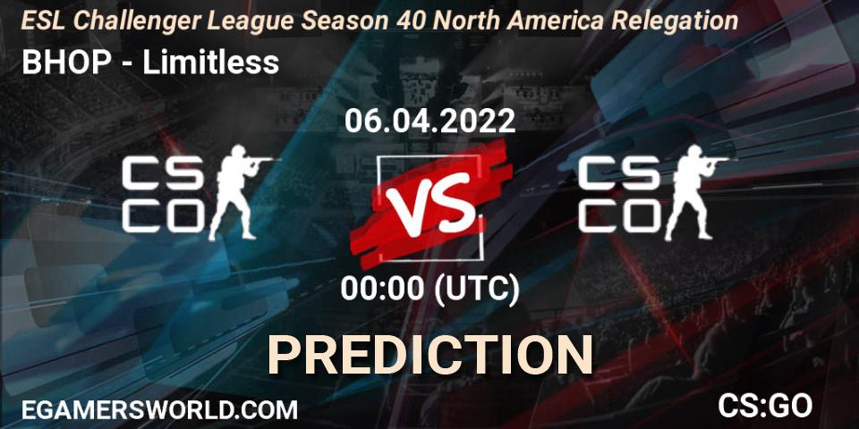 BHOP vs Limitless: Match Prediction. 06.04.2022 at 00:00, Counter-Strike (CS2), ESL Challenger League Season 40 North America Relegation