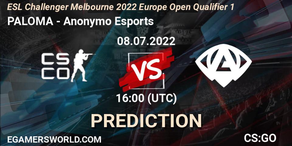 PALOMA vs Anonymo Esports: Match Prediction. 08.07.2022 at 16:00, Counter-Strike (CS2), ESL Challenger Melbourne 2022 Europe Open Qualifier 1