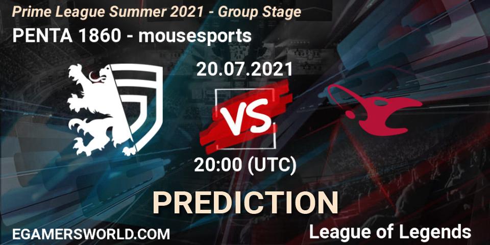 PENTA 1860 vs mousesports: Match Prediction. 20.07.2021 at 18:00, LoL, Prime League Summer 2021 - Group Stage