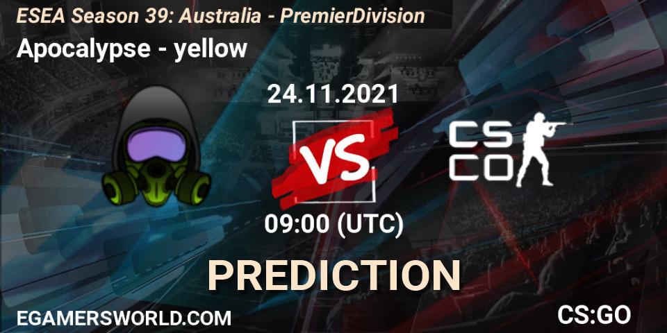 Apocalypse vs yellow: Match Prediction. 24.11.2021 at 09:00, Counter-Strike (CS2), ESEA Season 39: Australia - Premier Division