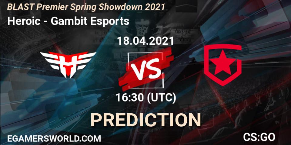 Heroic vs Gambit Esports: Match Prediction. 18.04.2021 at 17:55, Counter-Strike (CS2), BLAST Premier Spring Showdown 2021