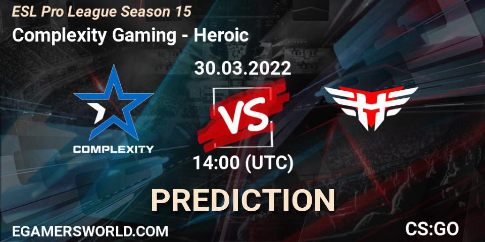 Complexity Gaming vs Heroic: Match Prediction. 30.03.2022 at 14:25, Counter-Strike (CS2), ESL Pro League Season 15