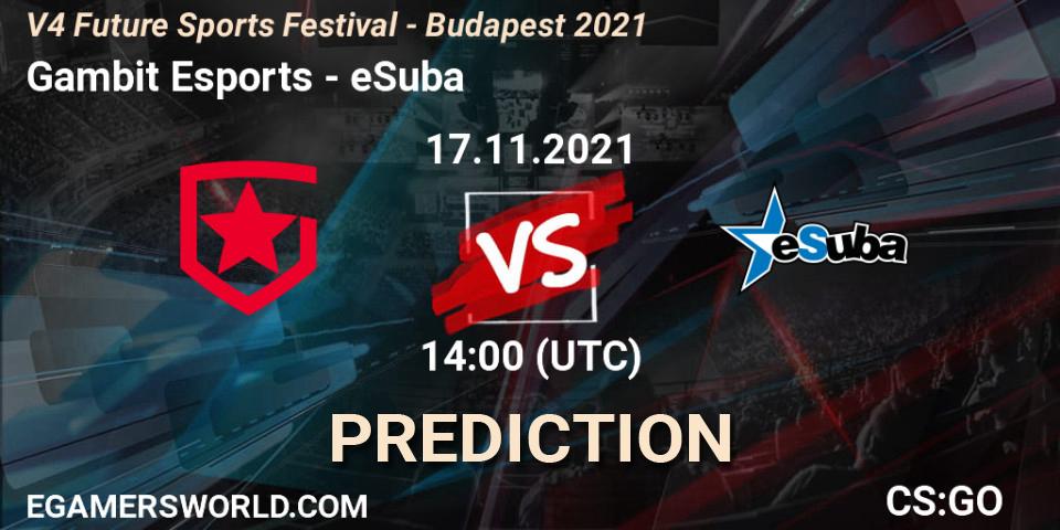Gambit Esports vs eSuba: Match Prediction. 17.11.2021 at 14:50, Counter-Strike (CS2), V4 Future Sports Festival - Budapest 2021