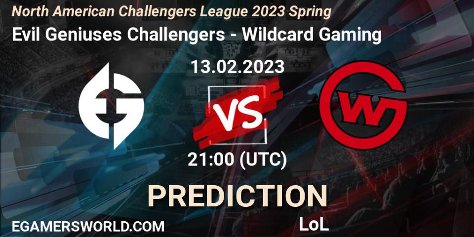 Evil Geniuses Challengers vs Wildcard Gaming: Match Prediction. 13.02.2023 at 21:00, LoL, NACL 2023 Spring - Group Stage