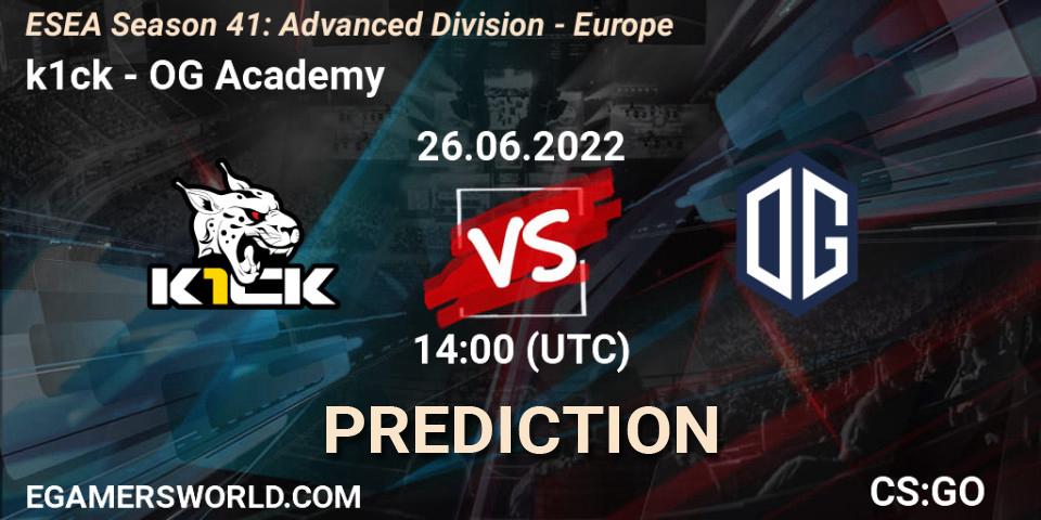 k1ck vs OG Academy: Match Prediction. 26.06.22, CS2 (CS:GO), ESEA Season 41: Advanced Division - Europe