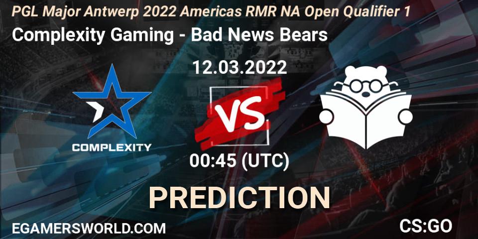 Complexity Gaming vs Bad News Bears: Match Prediction. 12.03.2022 at 00:45, Counter-Strike (CS2), PGL Major Antwerp 2022 Americas RMR NA Open Qualifier 1