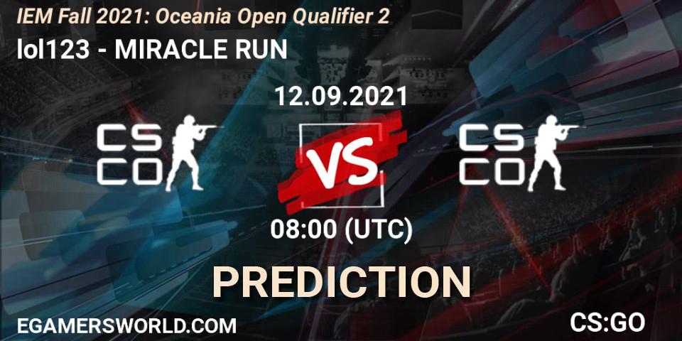 lol123 vs MIRACLE RUN: Match Prediction. 12.09.21, CS2 (CS:GO), IEM Fall 2021: Oceania Open Qualifier 2