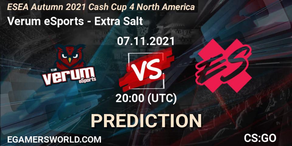 Verum eSports vs Extra Salt: Match Prediction. 07.11.2021 at 22:00, Counter-Strike (CS2), ESEA Cash Cup: North America - Autumn 2021 #4