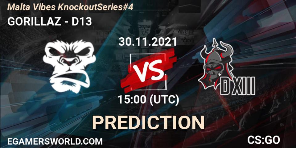 GORILLAZ vs D13: Match Prediction. 30.11.2021 at 15:25, Counter-Strike (CS2), Malta Vibes Knockout Series #4