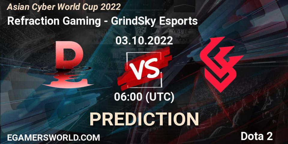Refraction Gaming vs GrindSky Esports: Match Prediction. 03.10.2022 at 06:11, Dota 2, Asian Cyber World Cup 2022