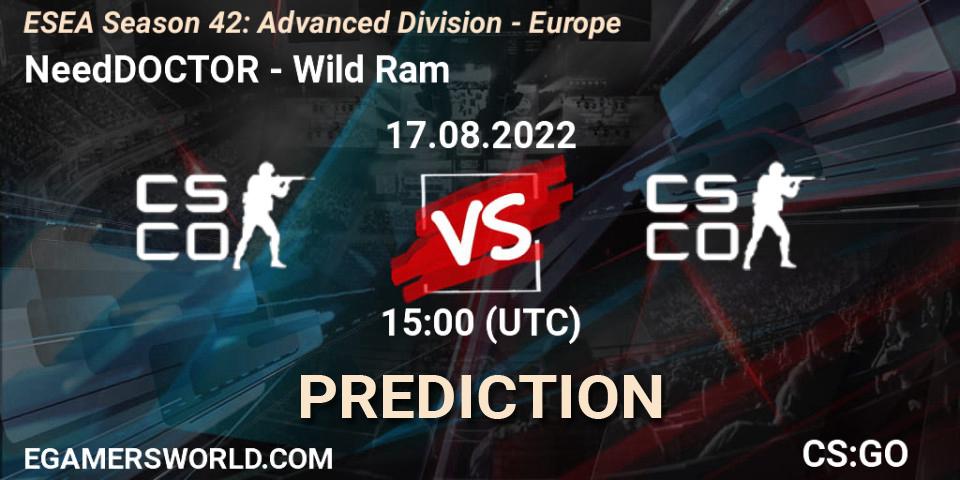 NeedDOCTOR vs Wild Ram: Match Prediction. 17.08.2022 at 15:00, Counter-Strike (CS2), ESEA Season 42: Advanced Division - Europe