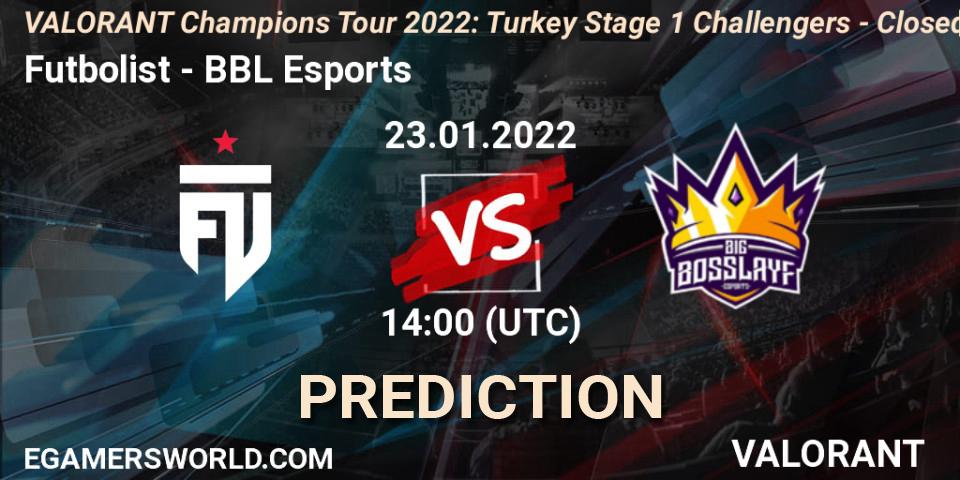 Futbolist vs BBL Esports: Match Prediction. 23.01.2022 at 14:00, VALORANT, VCT 2022: Turkey Stage 1 Challengers - Closed Qualifier 2