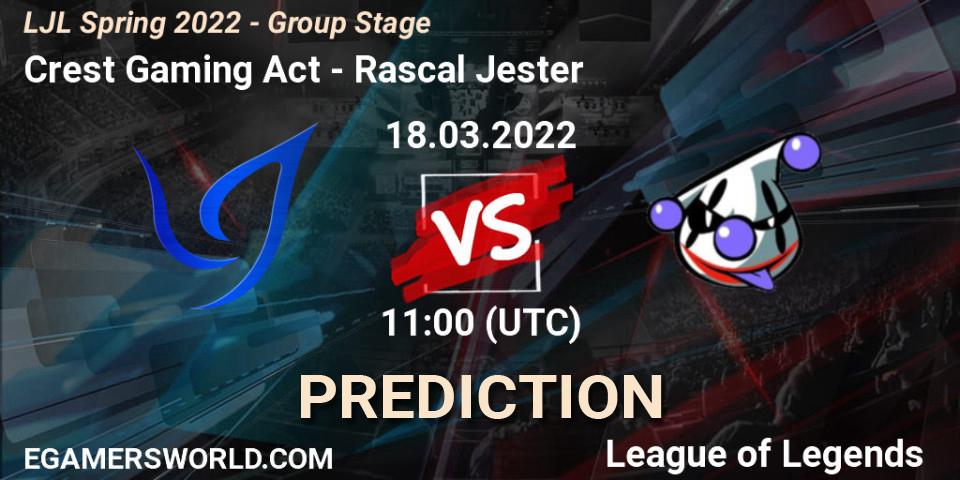 Crest Gaming Act vs Rascal Jester: Match Prediction. 18.03.2022 at 11:00, LoL, LJL Spring 2022 - Group Stage