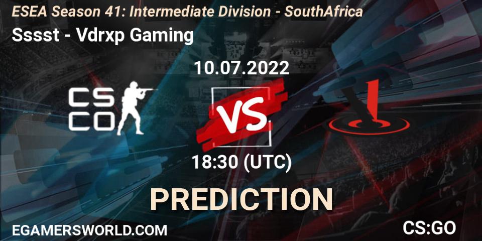 Sssst vs Vdrxp Gaming: Match Prediction. 10.07.2022 at 18:30, Counter-Strike (CS2), ESEA Season 41: Intermediate Division - South Africa
