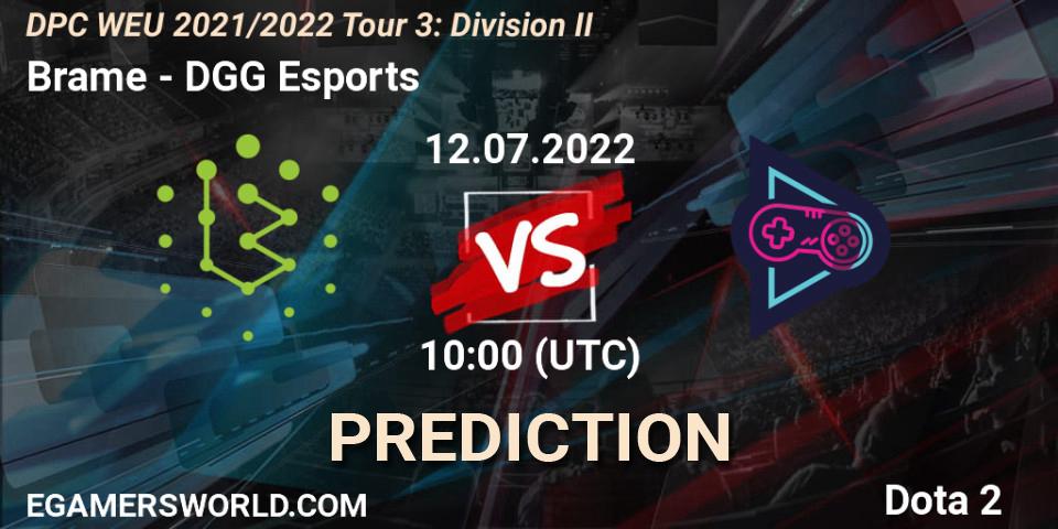Brame vs DGG Esports: Match Prediction. 12.07.2022 at 09:55, Dota 2, DPC WEU 2021/2022 Tour 3: Division II