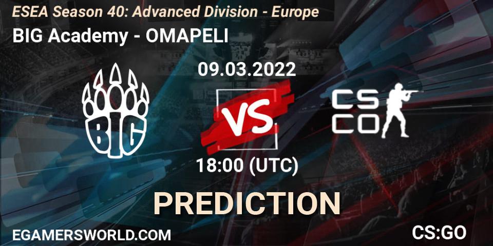 BIG Academy vs OMAPELI: Match Prediction. 09.03.2022 at 18:00, Counter-Strike (CS2), ESEA Season 40: Advanced Division - Europe