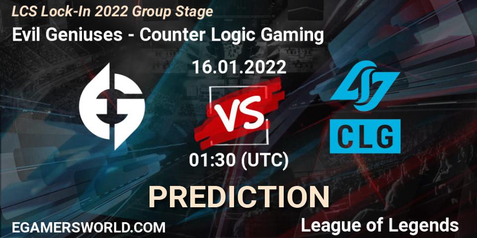 Evil Geniuses vs Counter Logic Gaming: Match Prediction. 16.01.2022 at 01:30, LoL, LCS Lock-In 2022 Group Stage