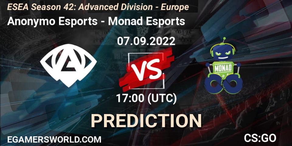 Anonymo Esports vs Monad Esports: Match Prediction. 07.09.2022 at 17:00, Counter-Strike (CS2), ESEA Season 42: Advanced Division - Europe