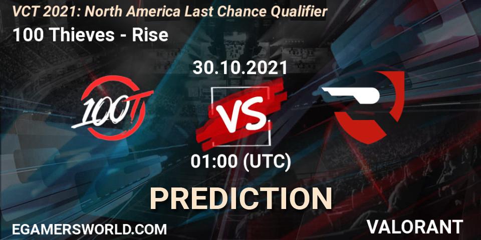 100 Thieves vs Rise: Match Prediction. 30.10.2021 at 01:00, VALORANT, VCT 2021: North America Last Chance Qualifier