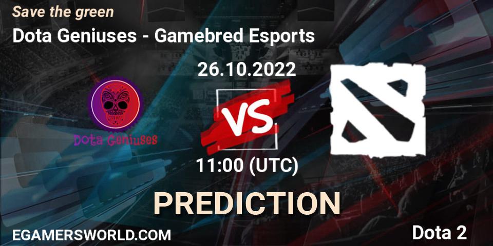 Dota Geniuses vs Gamebred Esports: Match Prediction. 26.10.2022 at 11:06, Dota 2, Save the green