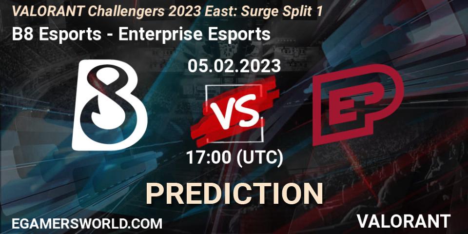B8 Esports vs Enterprise Esports: Match Prediction. 05.02.23, VALORANT, VALORANT Challengers 2023 East: Surge Split 1
