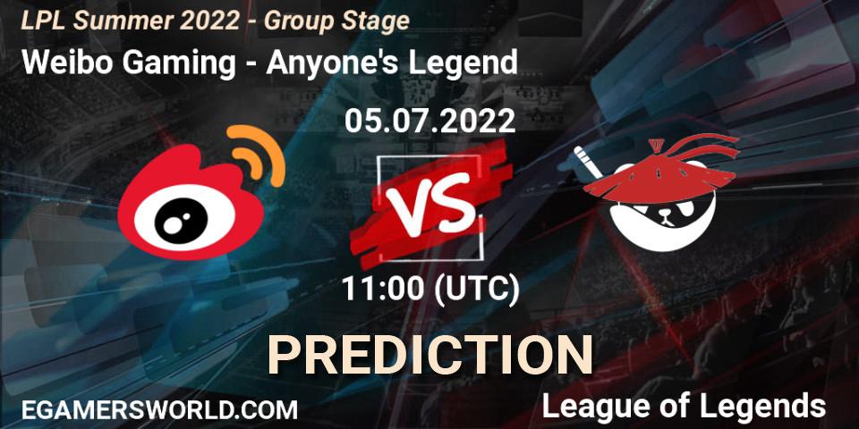 Weibo Gaming vs Anyone's Legend: Match Prediction. 05.07.2022 at 11:00, LoL, LPL Summer 2022 - Group Stage