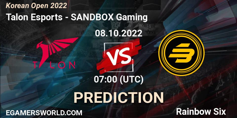 Talon Esports vs SANDBOX Gaming: Match Prediction. 08.10.2022 at 07:00, Rainbow Six, Korean Open 2022