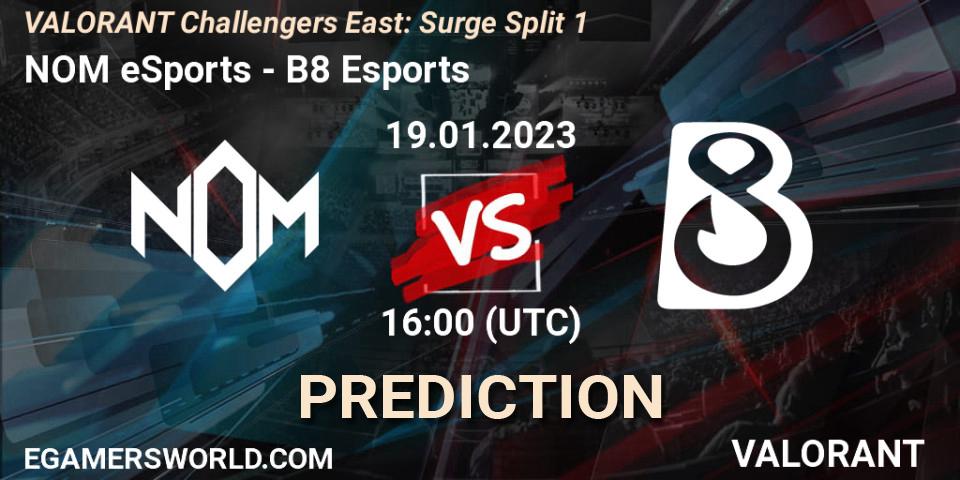 NOM eSports vs B8 Esports: Match Prediction. 19.01.2023 at 16:50, VALORANT, VALORANT Challengers 2023 East: Surge Split 1