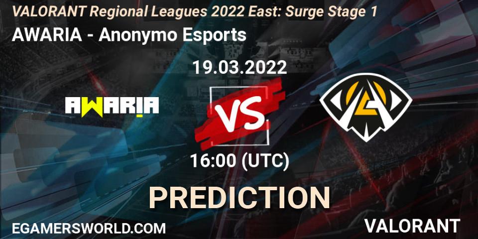 AWARIA vs Anonymo Esports: Match Prediction. 19.03.2022 at 16:00, VALORANT, VALORANT Regional Leagues 2022 East: Surge Stage 1